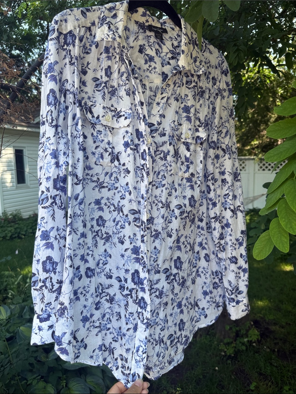 Lord and Taylor White & Navy Floral Button-Up Blouse